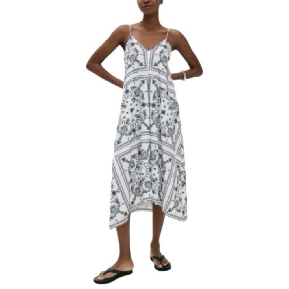 Madewell Embroidered Deep V-Neck Midi Dress navy and White XL